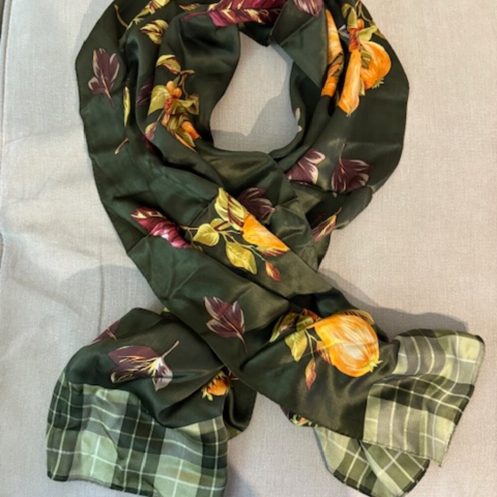 Luxe Ann Taylor Silk Scarf with Pears Leaves Forest Green